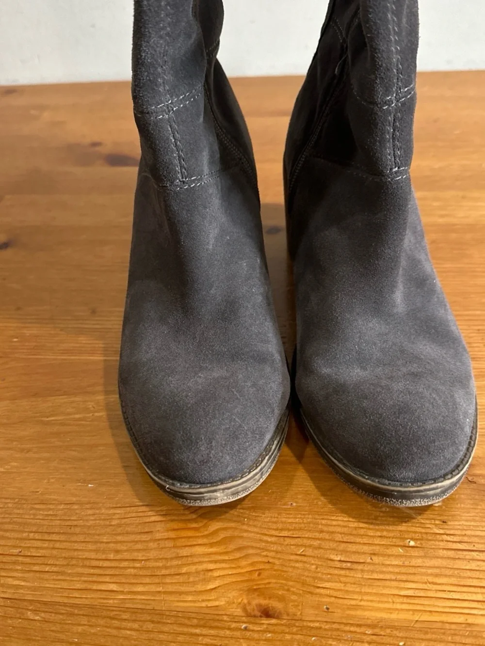 Lucky Brand Tall Over-the-Knee Suede Boots in Dark Gray with Brown Heel Accents